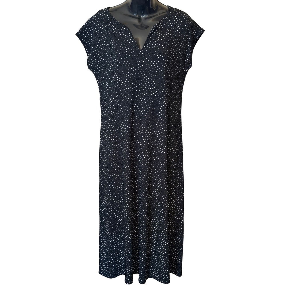 J. Jill Wearever Polka Dot Midi Dress Black White V-Neck Cap Sleeve Small Petite